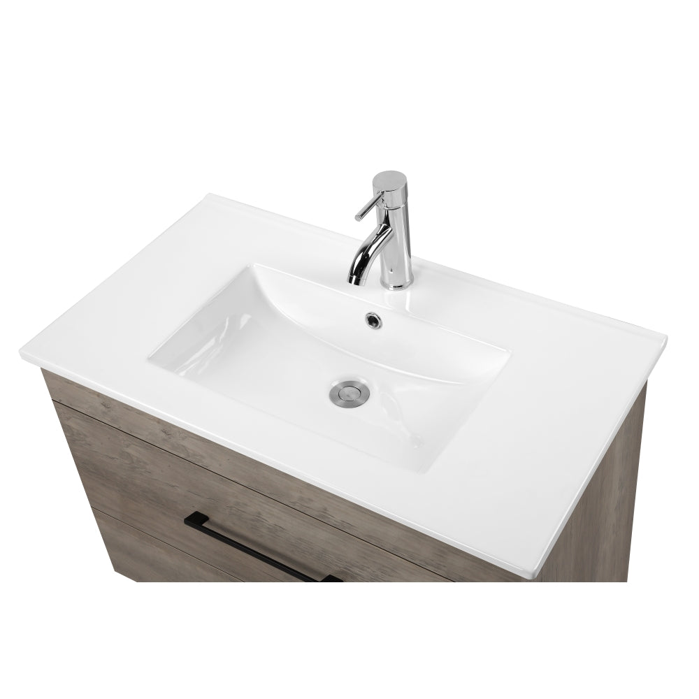 32-Inch Grey Wood Grain Wall-Mounted Bathroom Vanity with Double Drawers,Soft-Close System,White Ceramic Sink, Create a Modern and Minimalist Bathroom Space,for Bathroom