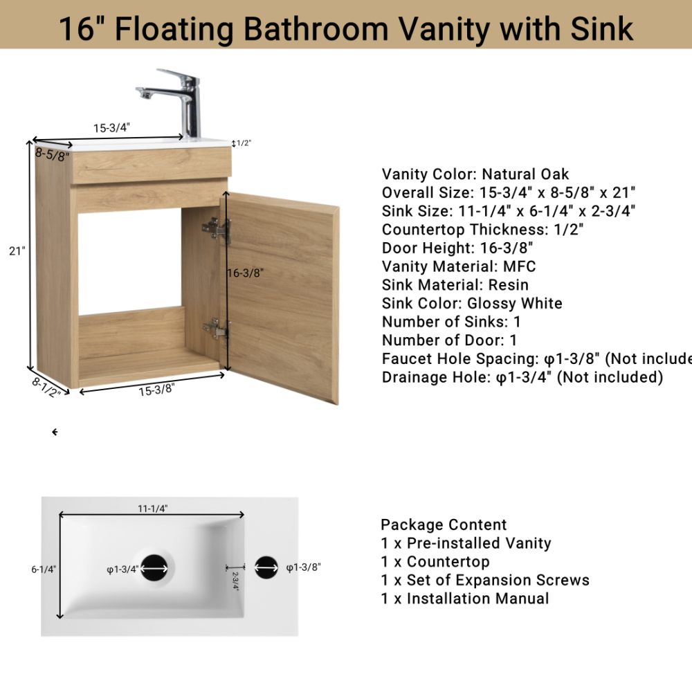 16" Floating Bathroom Vanity with Sink, Wall-Mounted Small Bathroom Storage Vanity Cabinet with Resin Top Basin and Soft Close Doors, Natural Oak 24V11-16NO