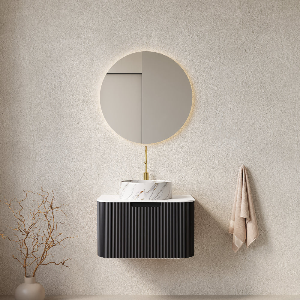 DINA 24" Bathroom Vanity with Sink, Wall-Mounted Floating Curved Edges Striped Bathroom Storage Cabinet with Drawer, White Round Ceramic Basin with Stone Pattern, Pre-assembled, Light Green Color