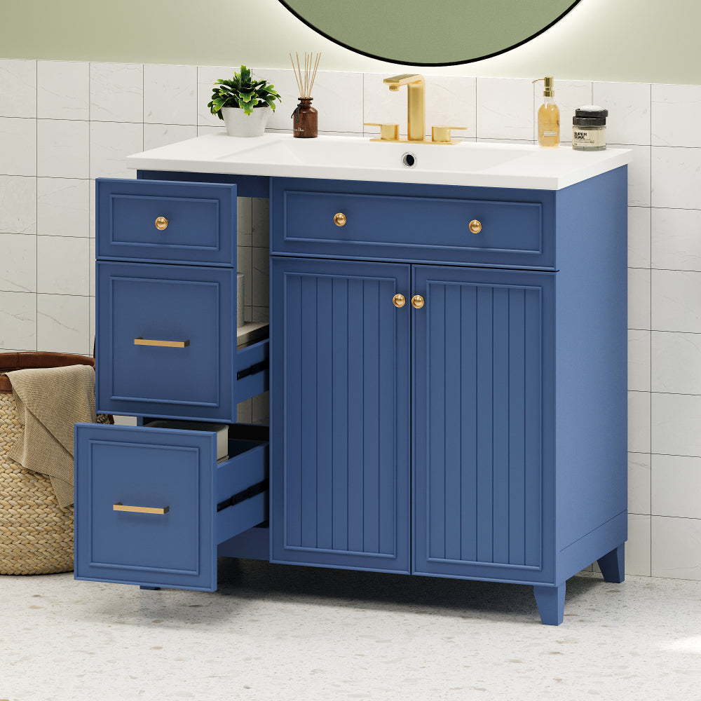 36-inch Bathroom Vanity, Transitional Style Bathroom Cabinet with Resin Sink, Navy Blue Single Bathroom Cabinet, with 2 Drawers and 1 Adjustable Storage Shelf, 2 Soft-close Doors