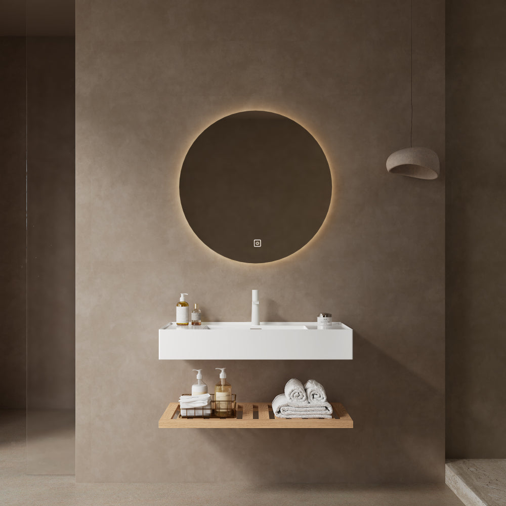 LEDE 48" Bathroom Vanity with Vessel Sink, Wall-Mounted Floating White Rectangular Acrylic Integrated Basin without Faucet, Striped Shelves Layer, Dark Walnut Woodgrain Color