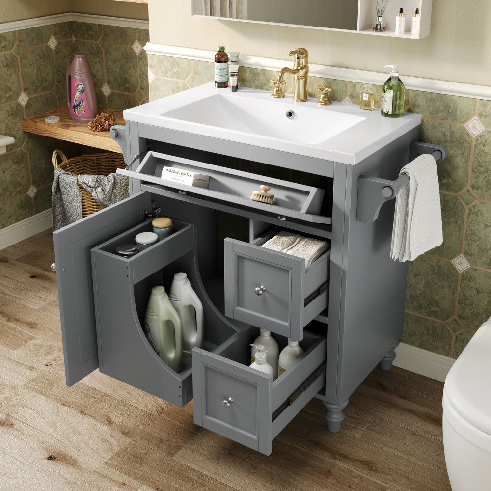30'' Bathroom Vanity with Top Sink, Modern Bathroom Storage Cabinet with 2 Drawers and a Tip-out Drawer, Single Sink Bathroom Vanity (Same as SW000143AAE)