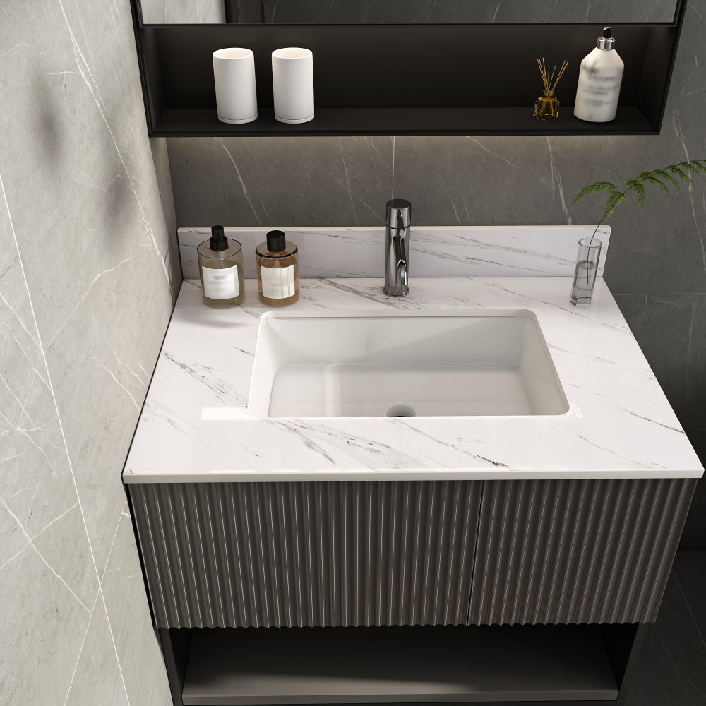 31 Inch Marble Vanity Top, White Vanity Top with Pre-drilled Faucet Holes, Bathroom Vanity Top with Undermount Rectangular Middle Sink and 4" Height Backsplash, Bianco Carrara Venato