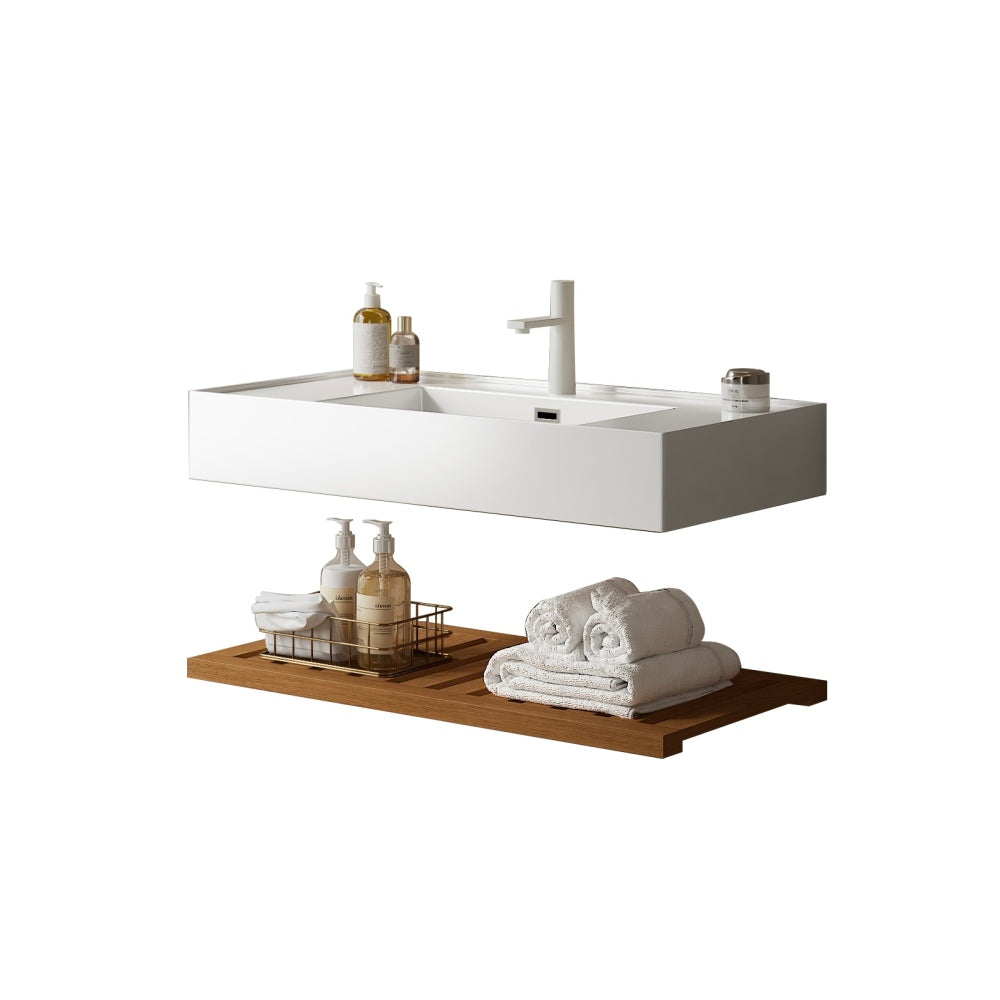LEDE 36" Bathroom Vanity with Vessel Sink, Wall-Mounted Floating White Rectangular Acrylic Integrated Basin without Faucet, Striped Shelves Layer, Dark Walnut Woodgrain Color