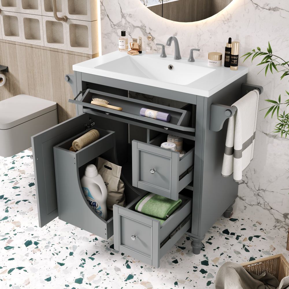 30'' Bathroom Vanity with Top Sink, Modern Bathroom Storage Cabinet with 2 Drawers and a Tip-out Drawer, Single Sink Bathroom Vanity (Same as SW000143AAE)