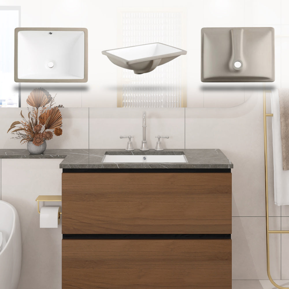 18 inch Under-mount Ceramic Rectangle Bathroom Vanity Sink, Under-mount Sink Rectangular with Concealed Overflow 18" x 13" Vessel Sink with Template DIY install Rectrangle White Ceramic