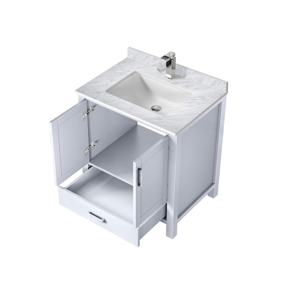 White Bath Vanity 30 in. W x 22 in. D, Carrara Marble Top, and Faucet Set