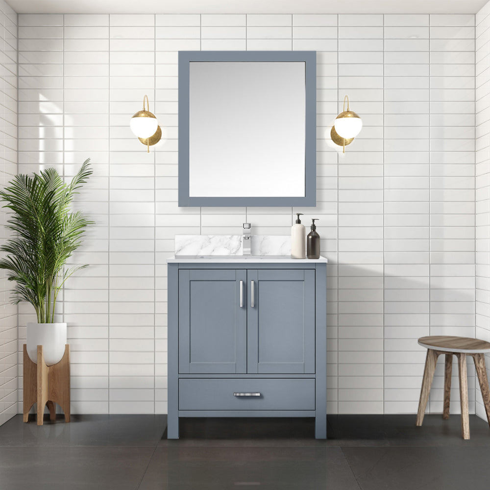 White Bath Vanity 30 in. W x 22 in. D, Carrara Marble Top, and Faucet Set