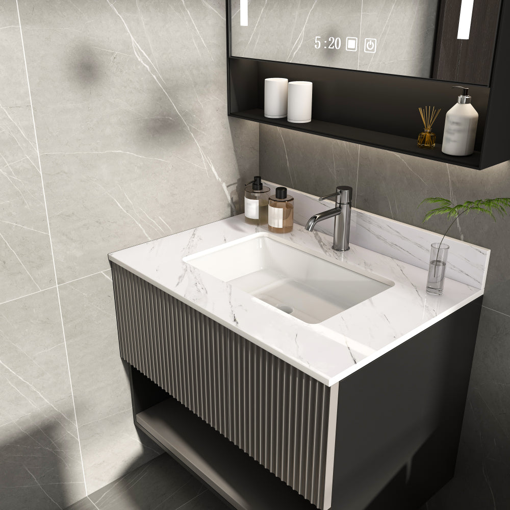 31 Inch Marble Vanity Top, White Vanity Top with Pre-drilled Faucet Holes, Bathroom Vanity Top with Undermount Rectangular Middle Sink and 4" Height Backsplash, Bianco Carrara Venato