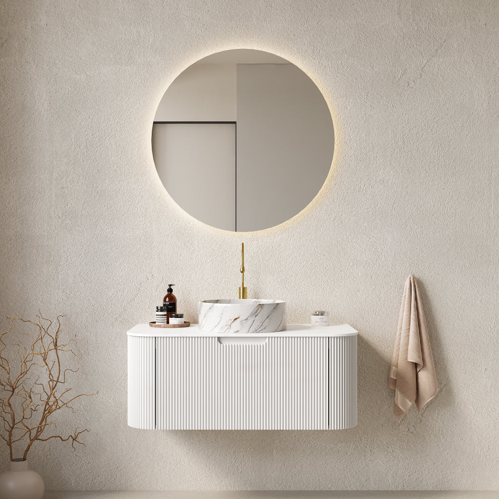 DINA 24" Bathroom Vanity with Sink, Wall-Mounted Floating Curved Edges Striped Bathroom Storage Cabinet with Drawer, White Round Ceramic Basin with Stone Pattern, Pre-assembled, Light Green Color