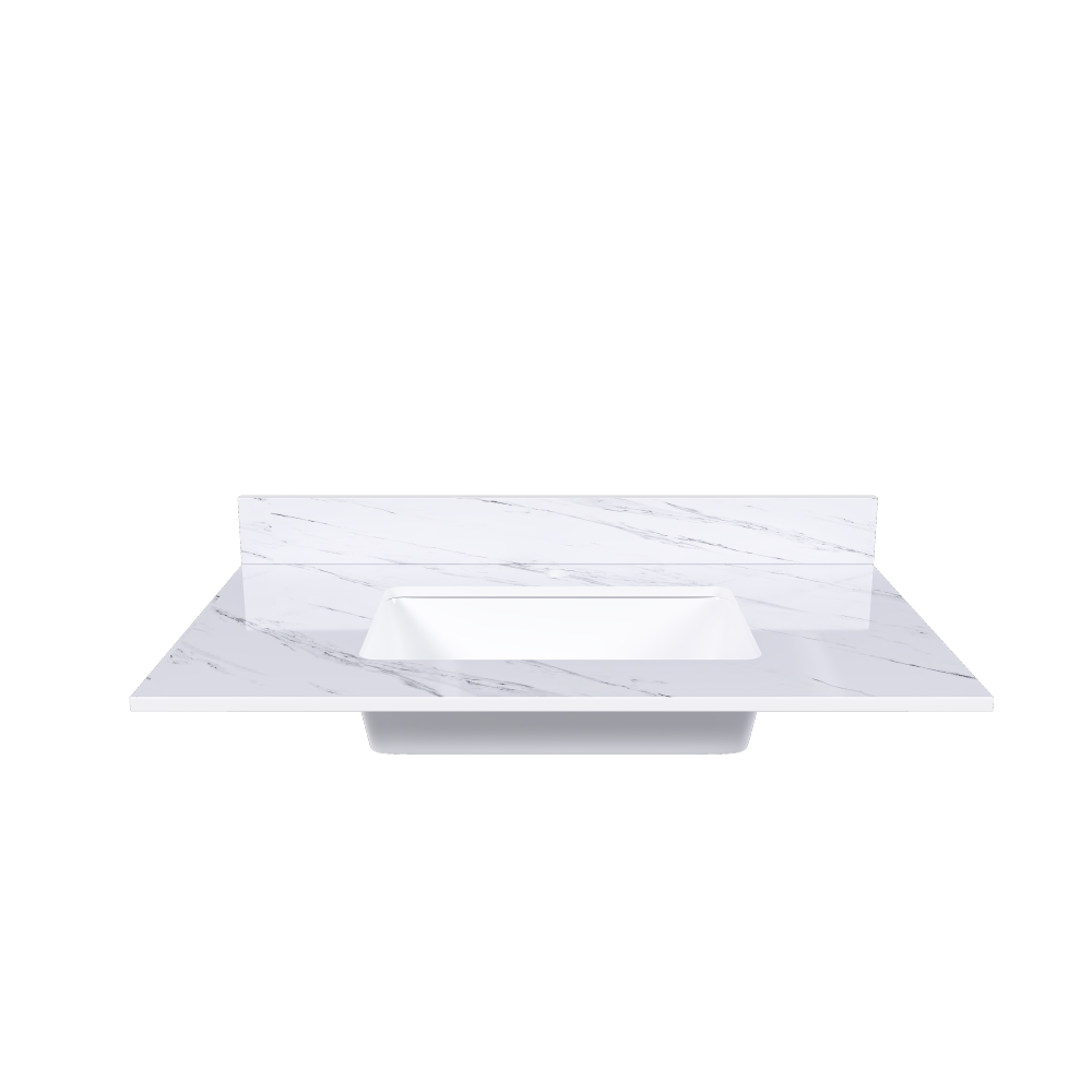37 Inch Marble Vanity Top, White Vanity Top with 1 Pre-drilled Faucet Holes, Bathroom Vanity Top with Undermount Rectangular Middle Sink and 4" Height Backsplash, Bianco Carrara Venato