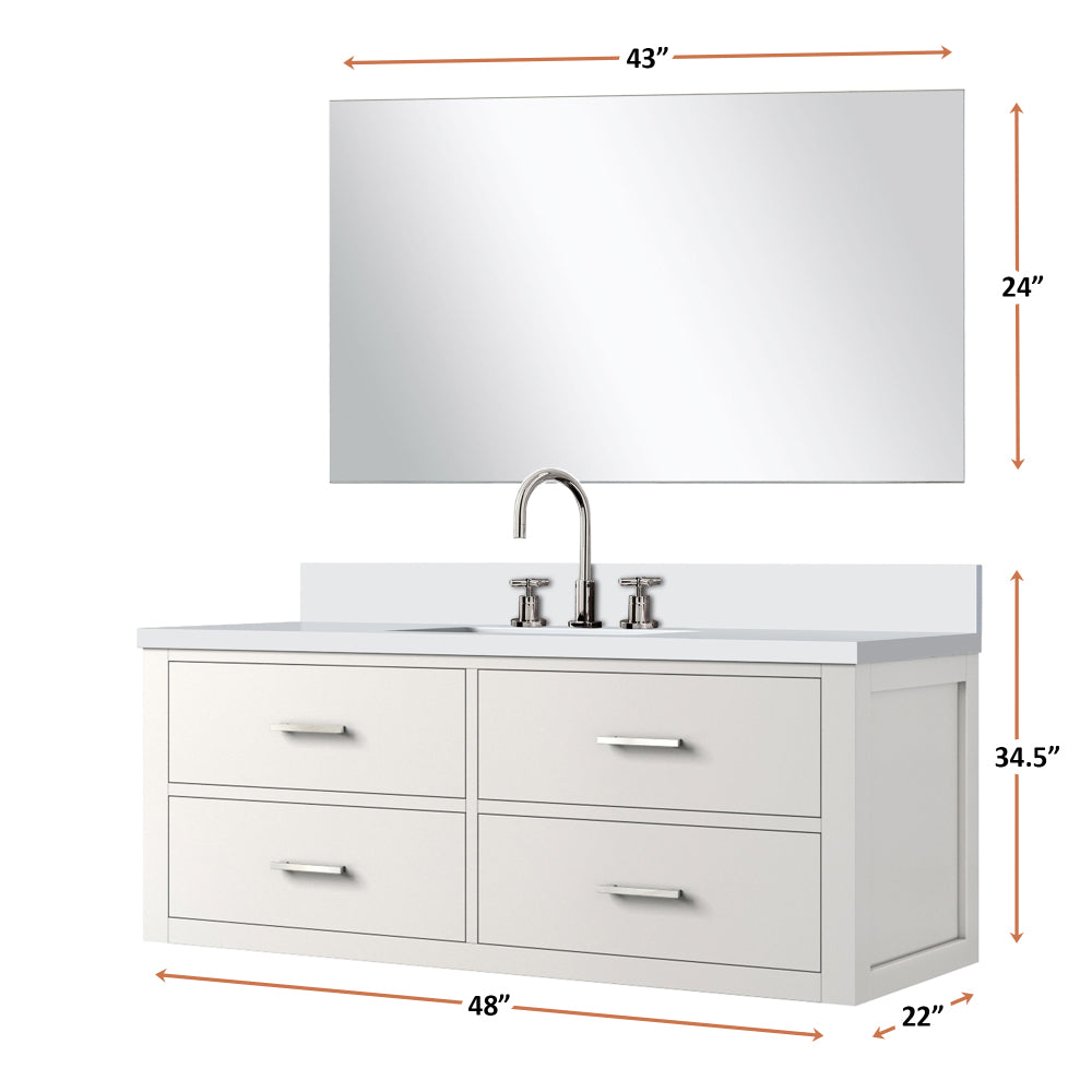 White Single Bath Vanity 48 in. W x 22 in. D, White Quartz Countertop, 43 in. Mirror and Faucet Set