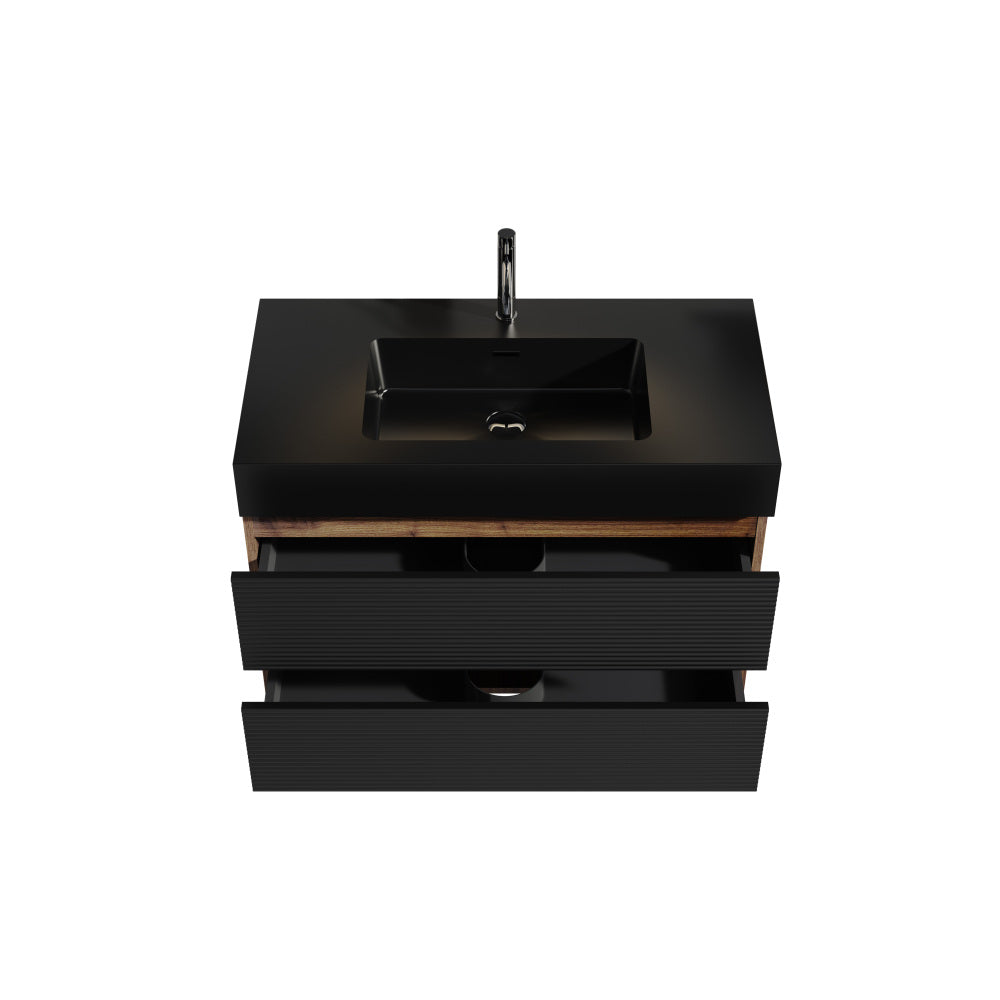 Grace 36" Walnut Bathroom Vanity with Matt Black Engineered Quartz Sink and Soft Black Drawers, Wall Mounted Floating Bathroom Vanity for Modern Bathroom, One-Piece Matt Black Basin, KD