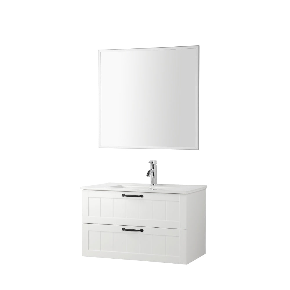 31.5inch Modern Style Bathroom Cabinet, Double Drawer With Decor Line,Wall-Mounted Bathroom Vanity with Basin & Mirror,Soft-Close System,for Bathroom,White