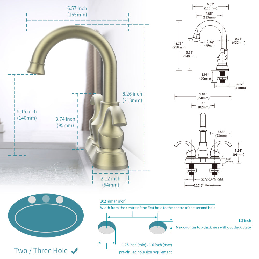 Bathroom Faucet 2-Handle Brushed Gold with 360 Degree Rotating Spout, Crescent Moon Style 4-inch Centerset Vanity Sink with Pop-Up Drain and Supply Hoses, FR4090-BG