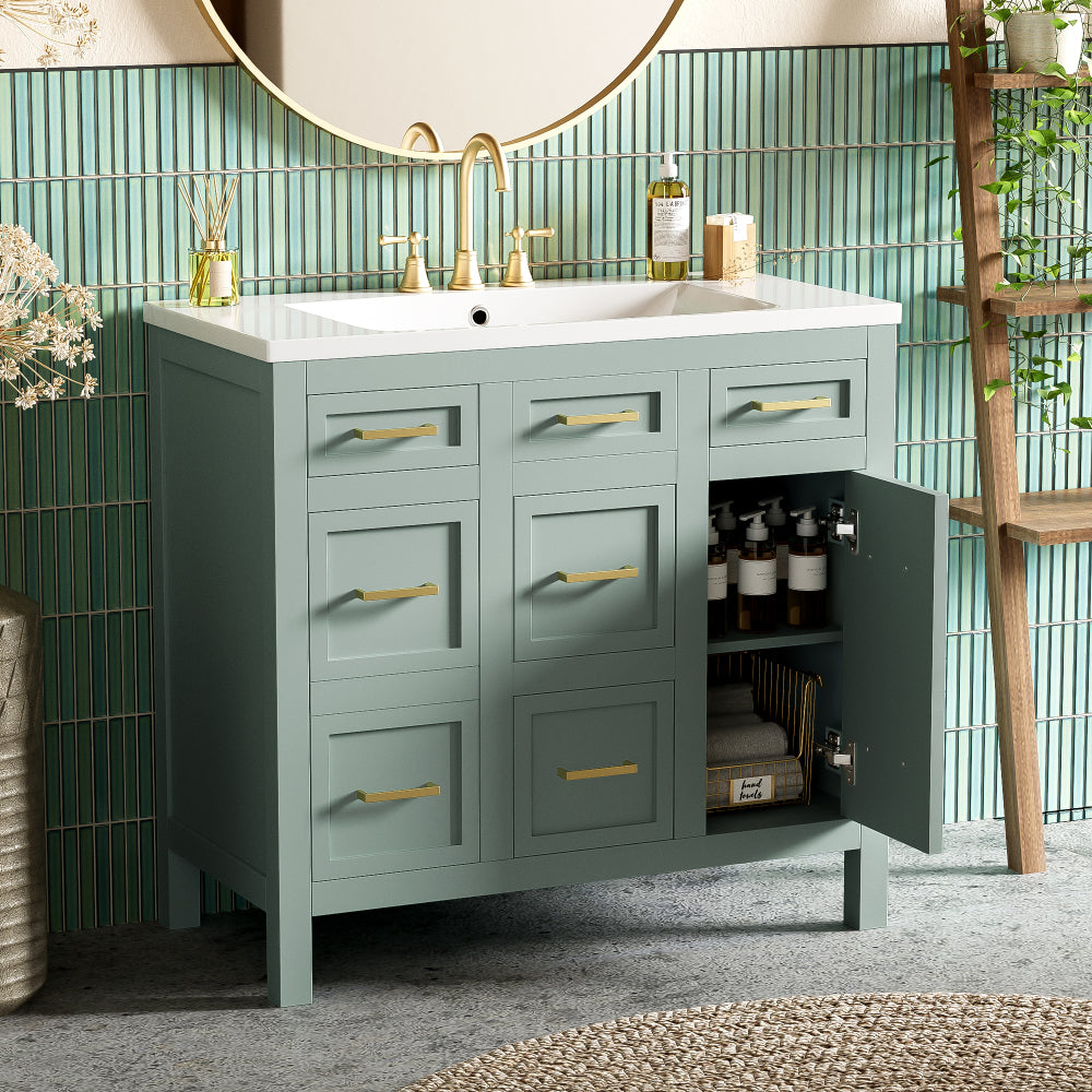 36" Bathroom Vanity Cabinet with Resin Integrated Sink - 4 Drawers, 2 Doors