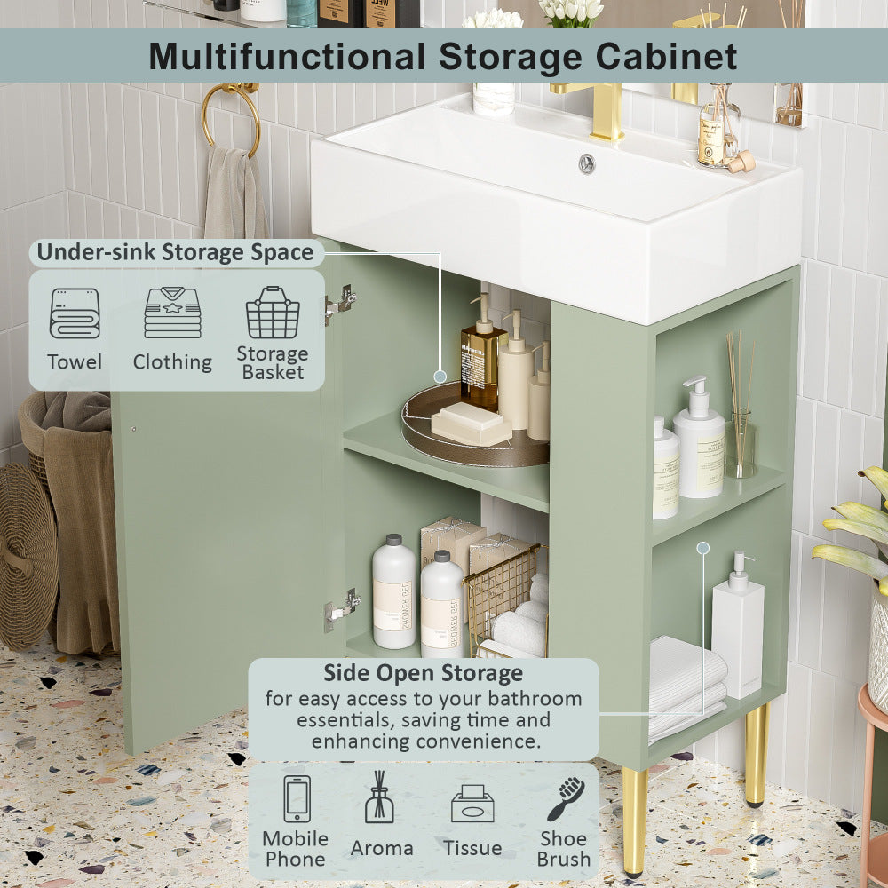 21.6" Green Bathroom vanity, Combo Cabinet, Bathroom Storage Cabinet, Single Ceramic Sink, Right side storage