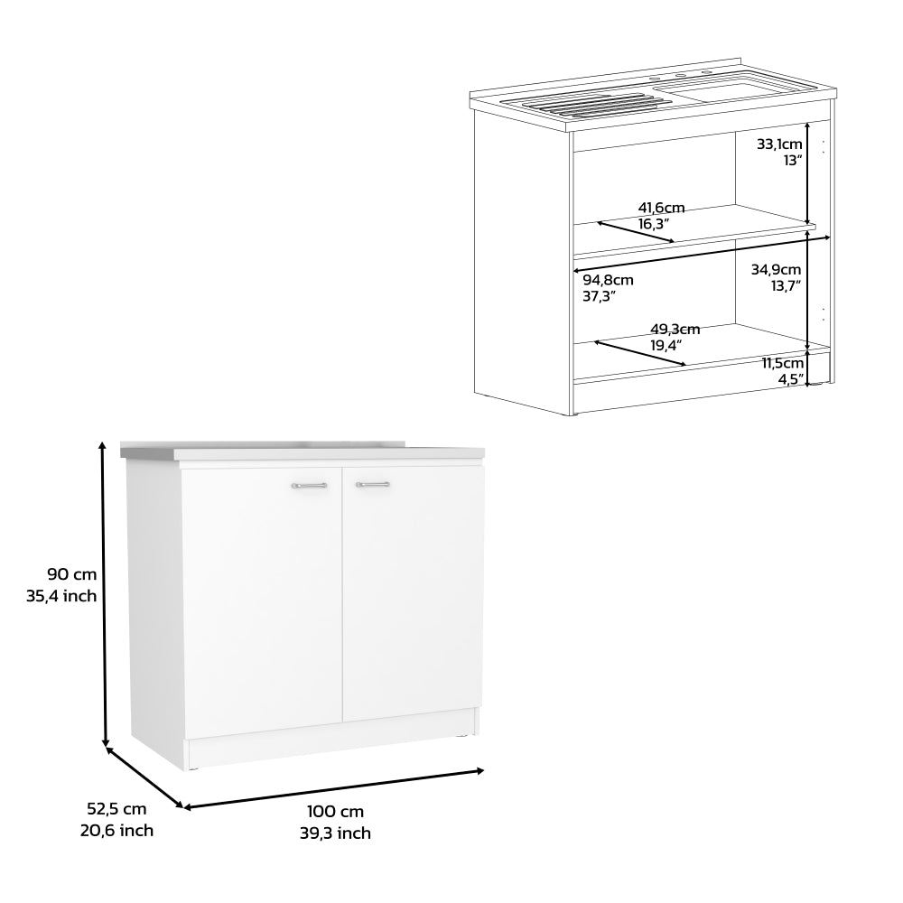 Freestanding Sink, Double Door Cabinet, Two Shelves, White