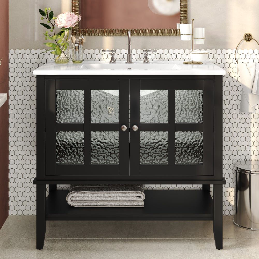 36" Modern Bathroom Vanity with Rectangle Ceramic Sink, Bathroom Cabinet with Large storage space and 45 Degrees Free-Handle Design Soft-Closing Doors, 1 Open Shelf at the Bottom, Dark Brown