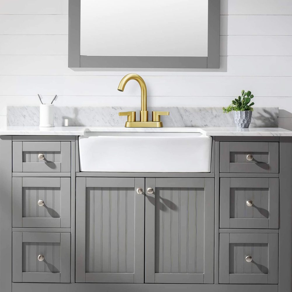 Brushed Gold Bathroom Faucet 4 Inch Centerset Bathroom Faucet, Gold Bathroom Vanity Lavatory Faucets for Sink 3 Hole 2 Handle, Swivel Spout with Brass Drain Assembly