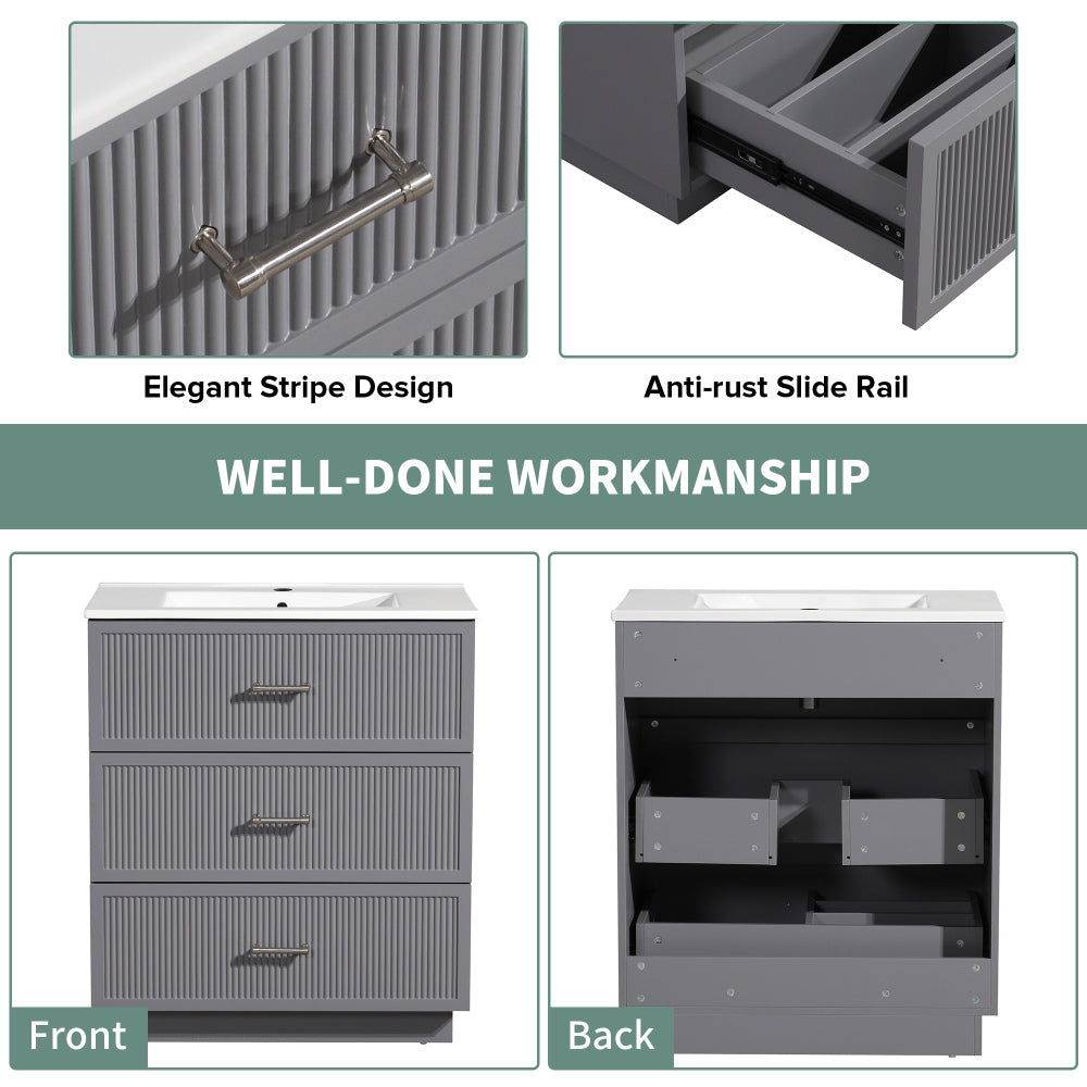 30 Inch Bathroom Vanity with Ceramic Sink Combo Set, Modern Freestanding Bathroom Storage Cabinet with 2 Drawers, Floor Standing Bath Vanity, Gray
