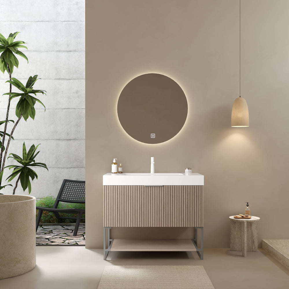 YOLAN 24" Bathroom Vanity with Sink, Freestanding Plywood Striped Storage Cabinet with Drawer and Open Shelf, White Rectangular Integrated Basin without Faucet, Pre-assembled, Light Brown Oak Color