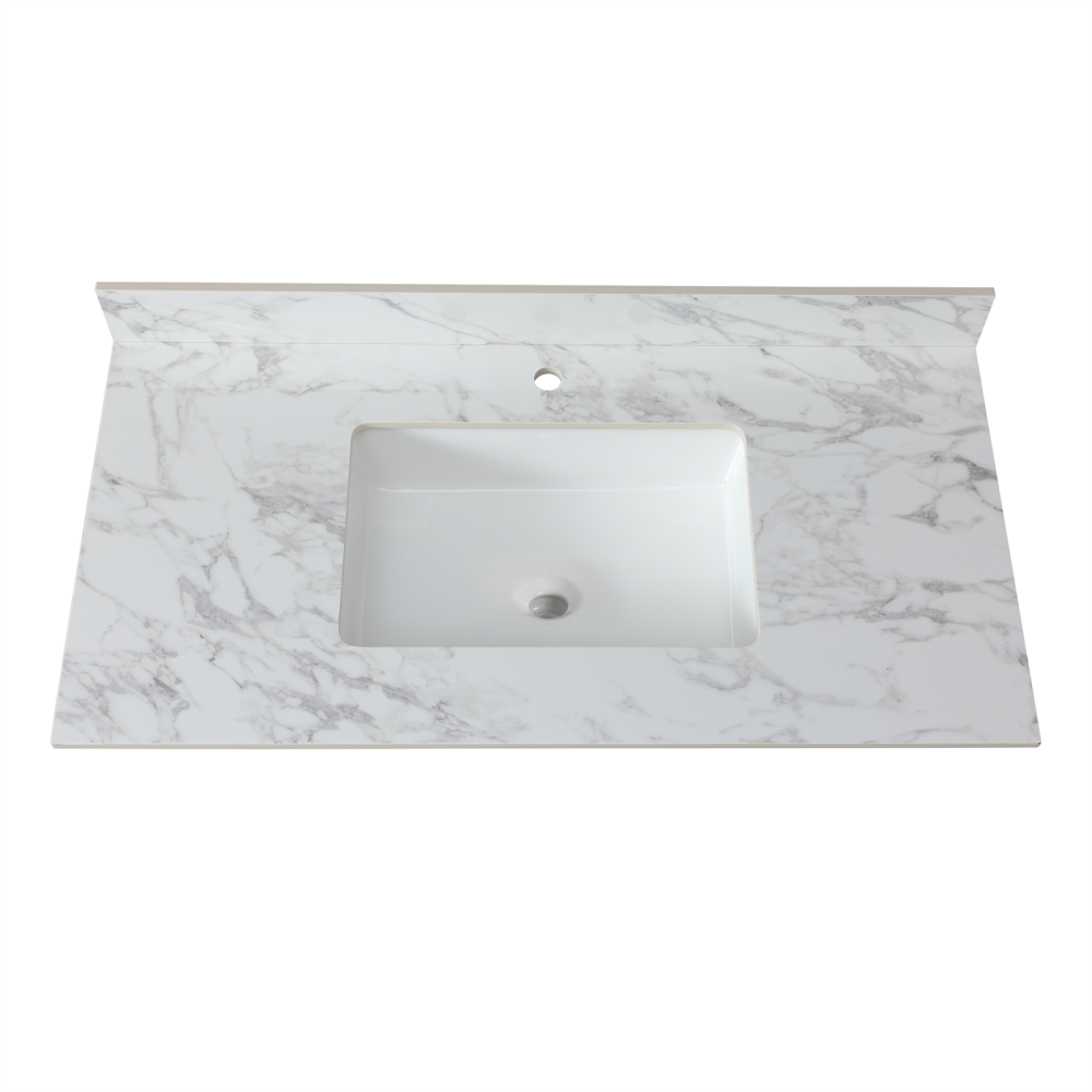 37"x22"Bathroom Vanity Top,sintered stone carra white Barthroom Vanity Sink Tops with Rectangular Undermount Ceramic Sink with Vanity Backsplash, Single Faucet Hole Bathroom Vanity Countertop
