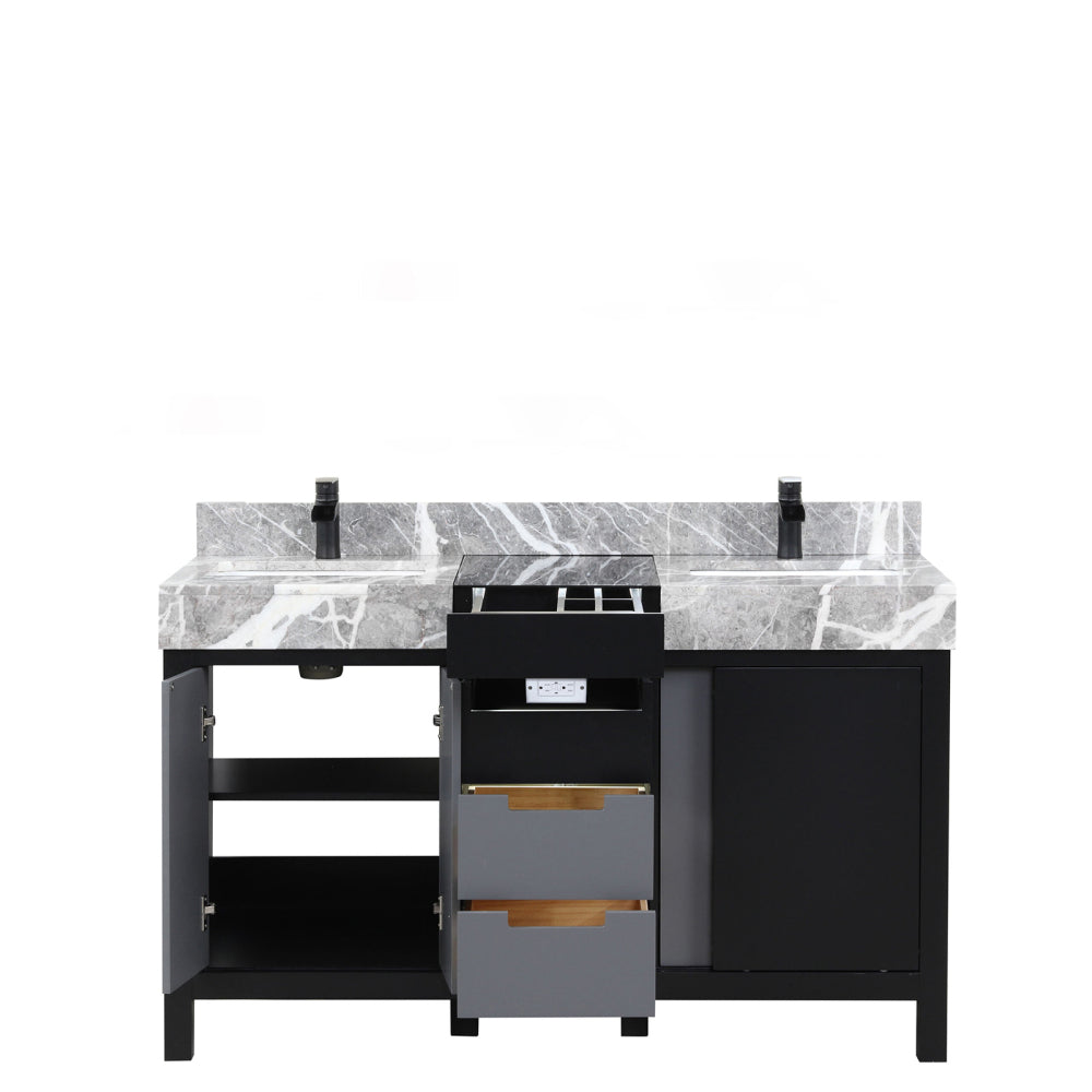 Black and Grey Double Bath Vanity 55 in. W x 22 in. D, Castle Grey Marble Top and Matte Black Faucet Set
