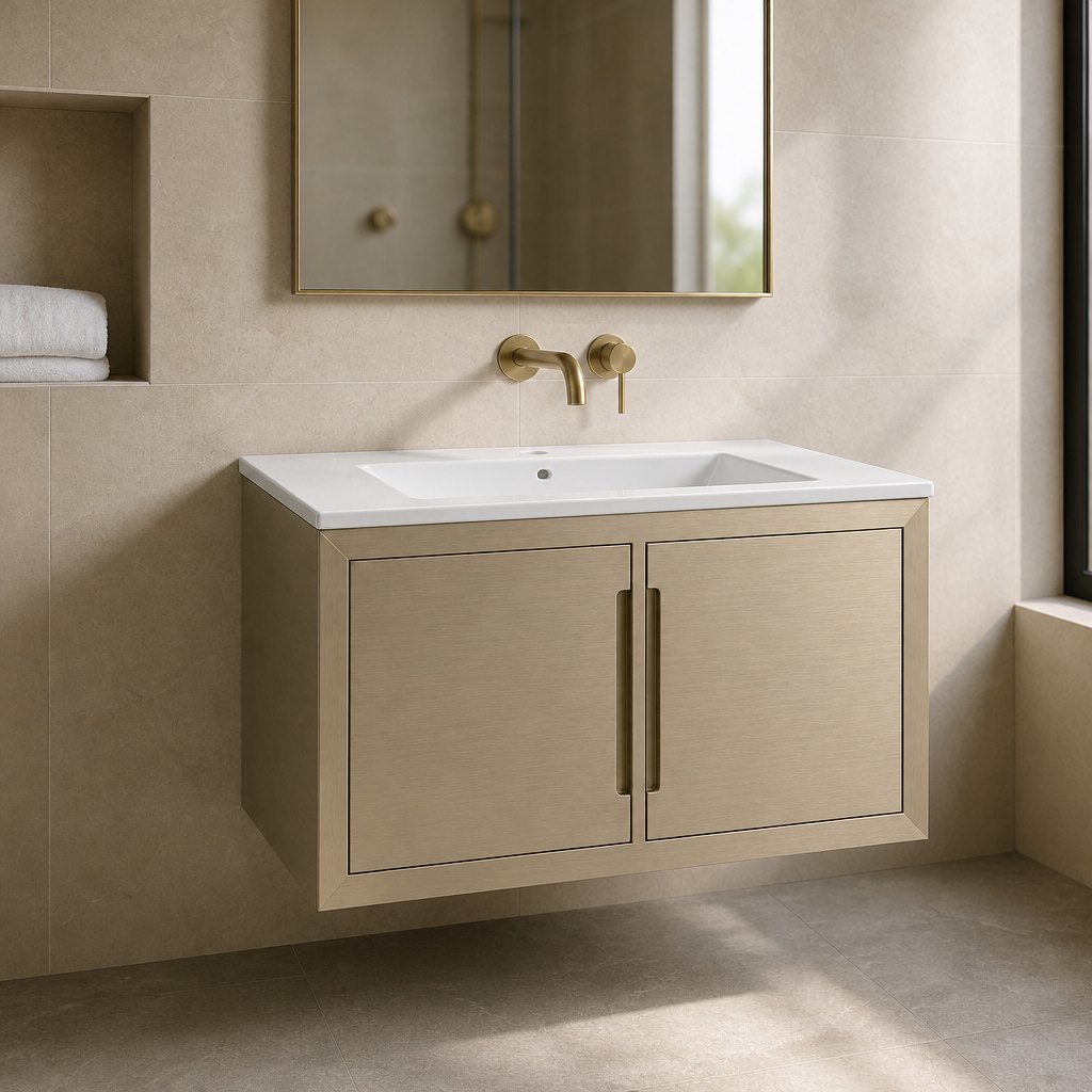 800mm All-Aluminum Wall-Hung Vanity with Champagne Anodized Frame — installed in a bathroom