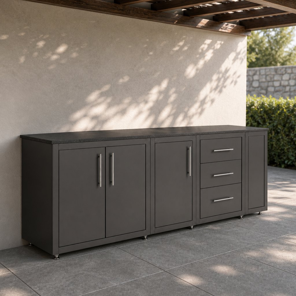 Honeycomb Aluminum Outdoor Kitchen Set — 3.0 m Run, Gunmetal Powder Coat — installed in a bathroom