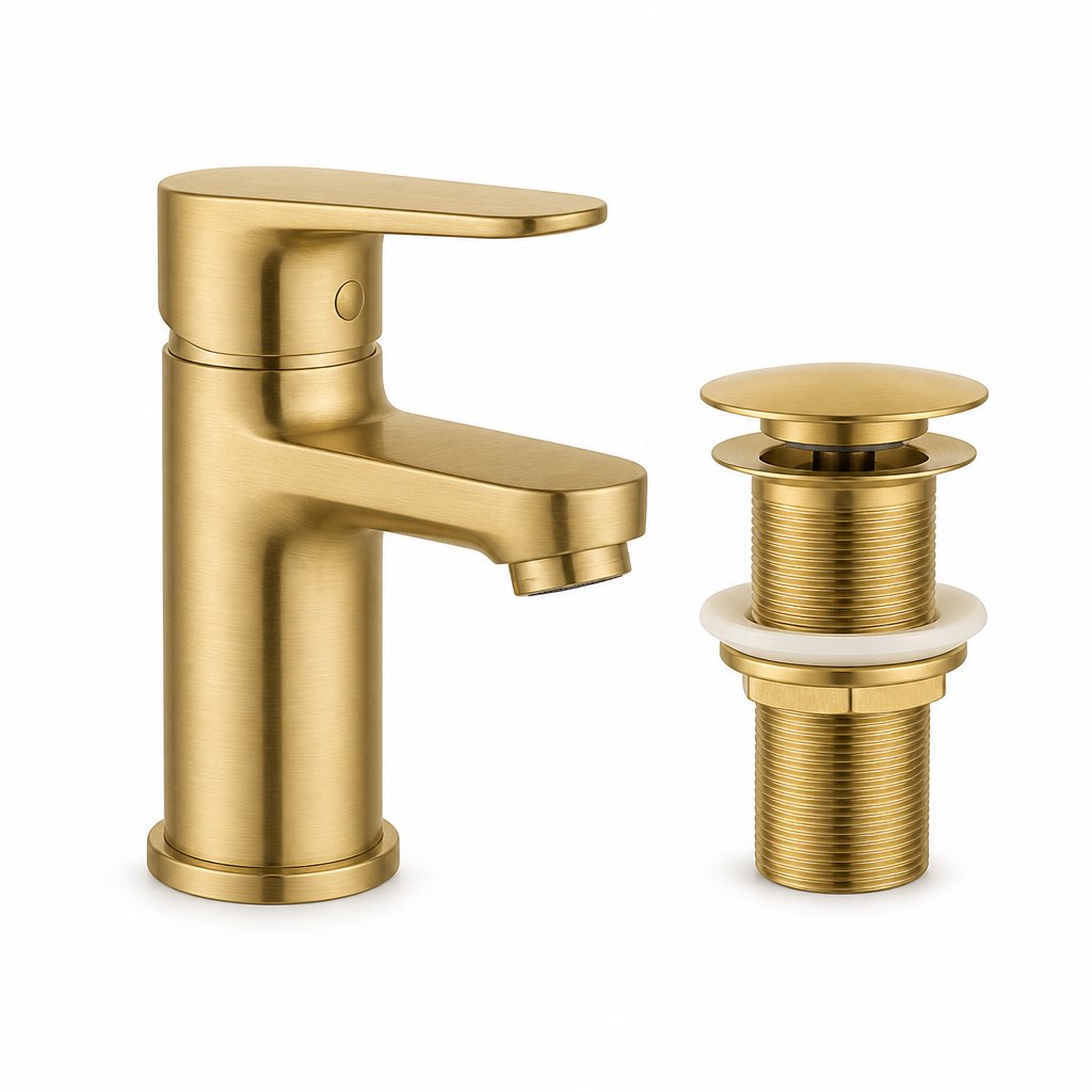Basin Mixer + Drain Set, Brushed Gold