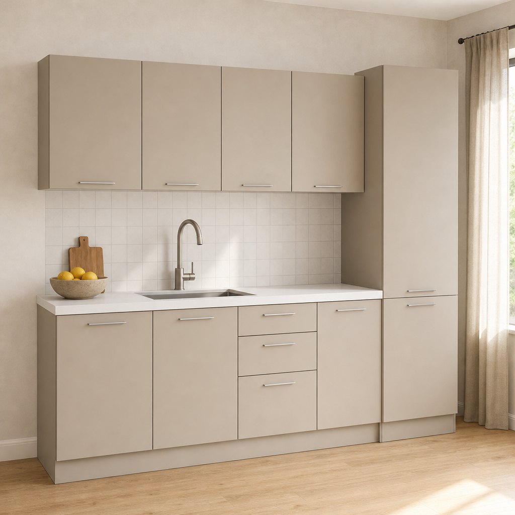Cashmere Sand MFC RTA Kitchen Set — 3.0 m Straight Run, Flat-Pack — installed in a bathroom