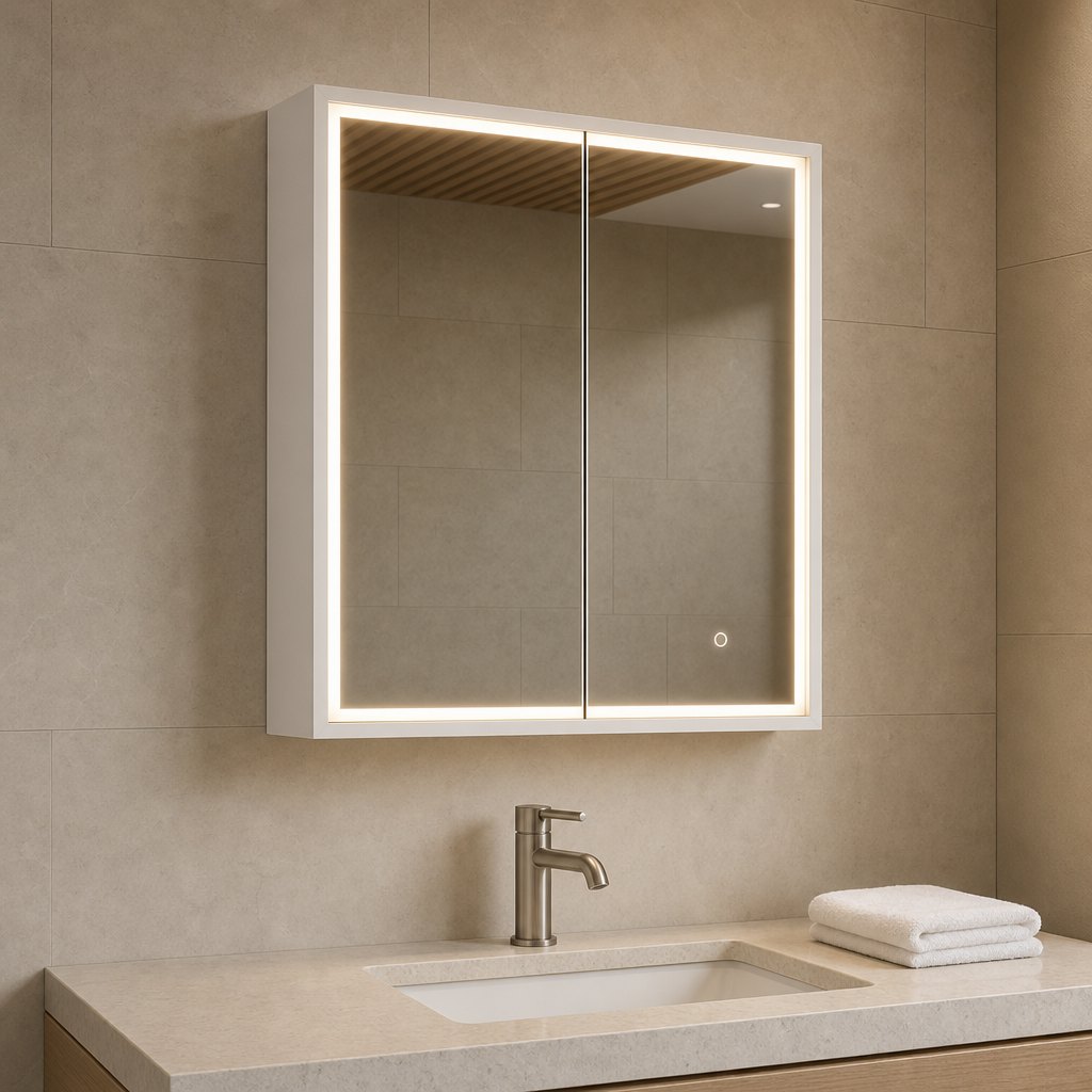 600mm Aluminum LED Mirror Cabinet with Anti-Fog Pad and Touch Dimmer — installed in a bathroom