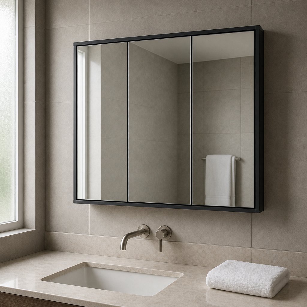 36 in Three-Door Aluminum Mirror Cabinet with Matte Black Anodized Frame — installed in a bathroom