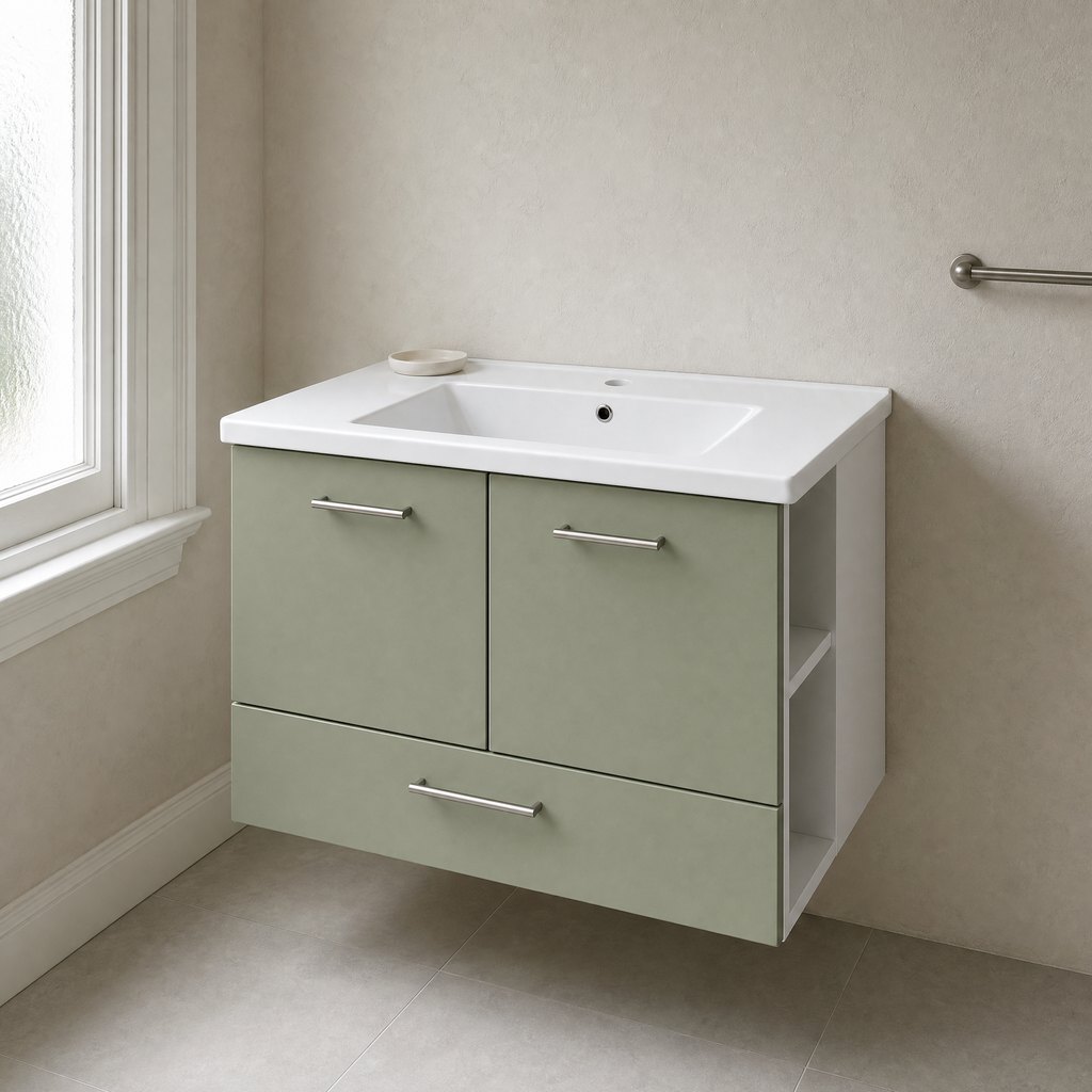 800mm Sage Green Melamine Vanity with a One-Piece Ceramic Top — installed in a bathroom