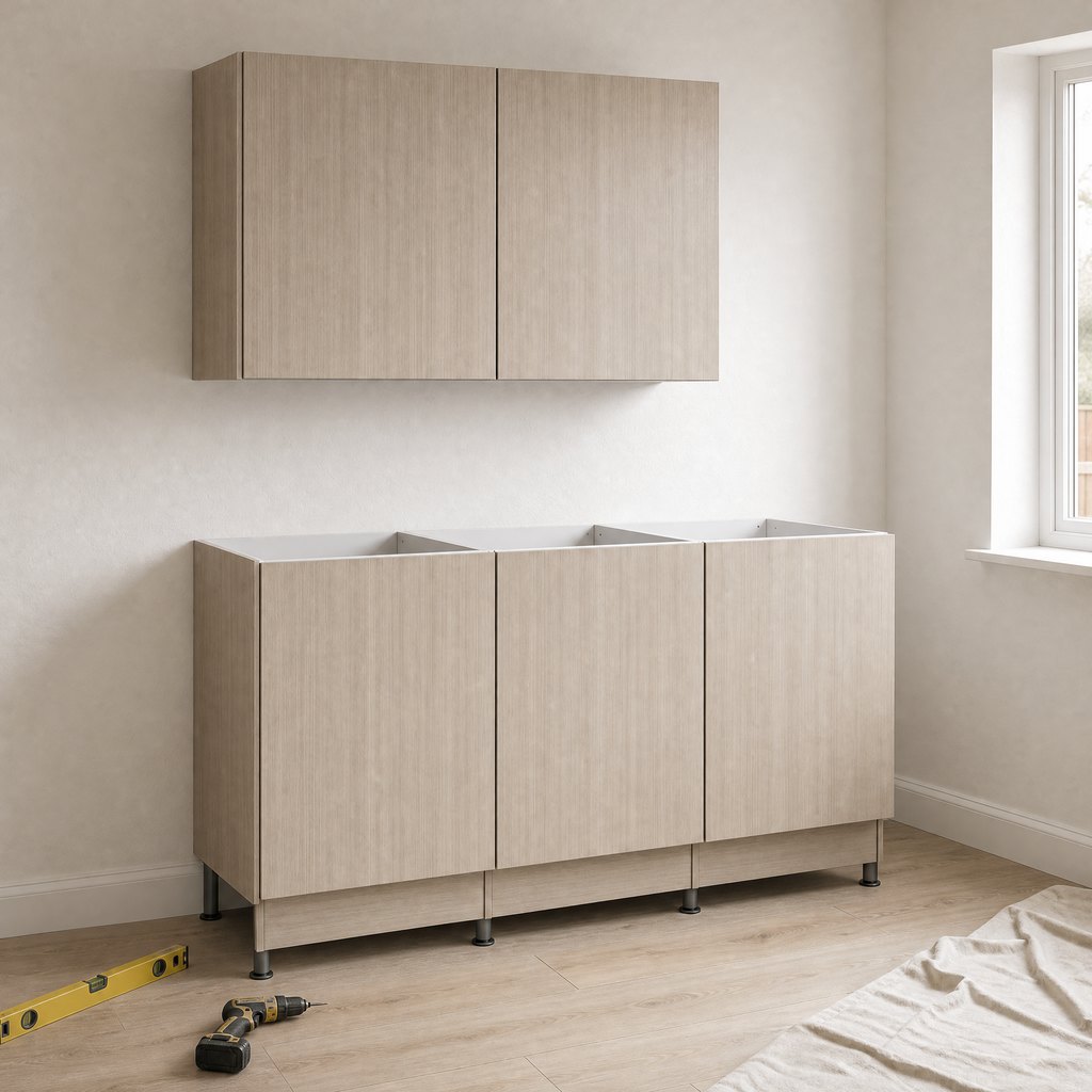 Flat-Pack Ash Woodgrain Kitchen — 600 mm Modules Priced by the Meter — installed in a bathroom