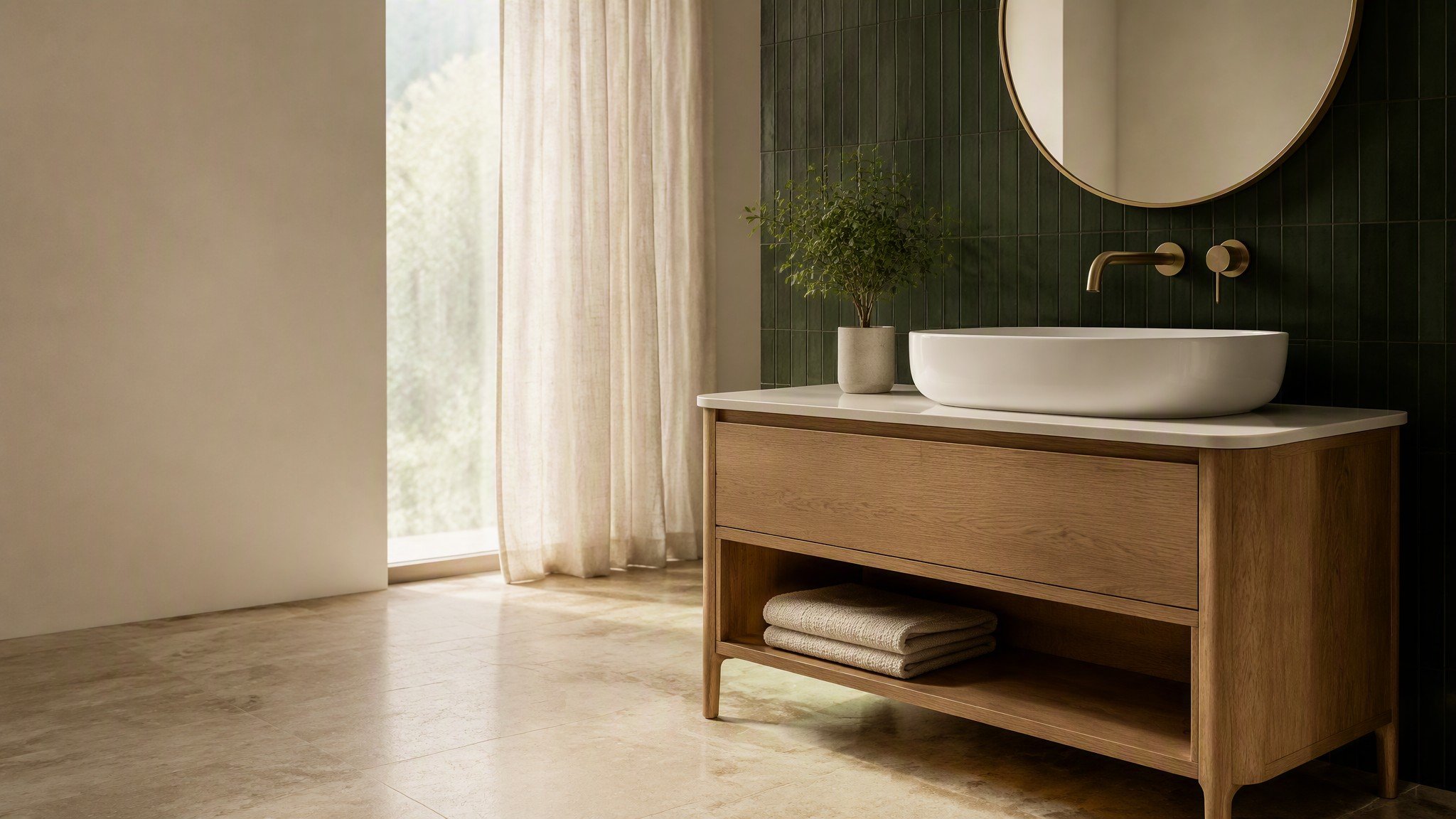 Modern oak bathroom vanity with ceramic basin, brass fixtures and forest-green accent tile in a bright bathroom