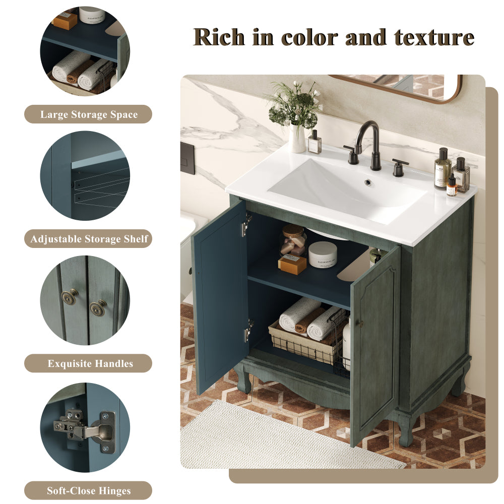 30" Vintage Bathroom Vanity with Rectangle Ceramic Sink,  Bathroom Vanity Cabinet with Antique Handles and 2 Doors, Bathroom Storage Cabinet with Rubber Wood Legs and Adjustable shelves, Antique Blue