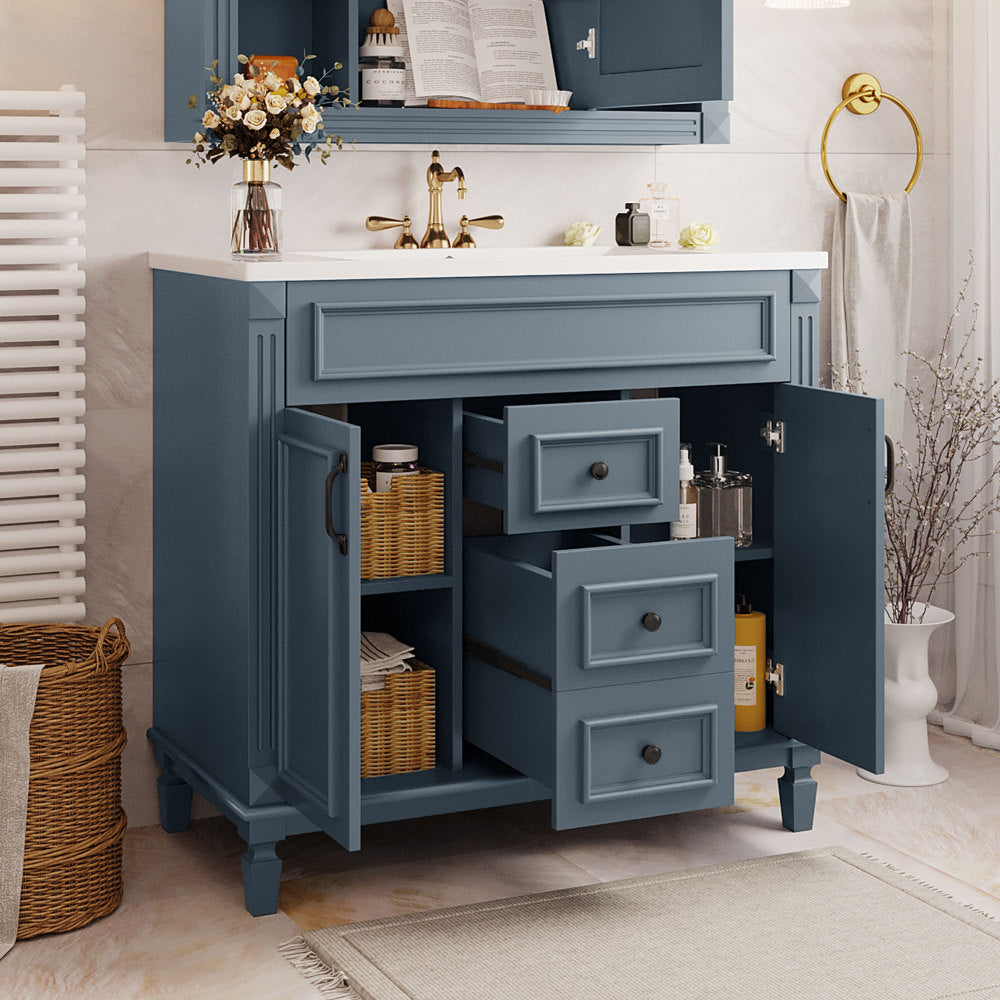 36'' Bathroom Vanity with Top Sink, Black Mirror Cabinet, Modern Bathroom Storage Cabinet with 2 Soft Closing Doors and 2 Drawers, Single Sink Bathroom Vanity