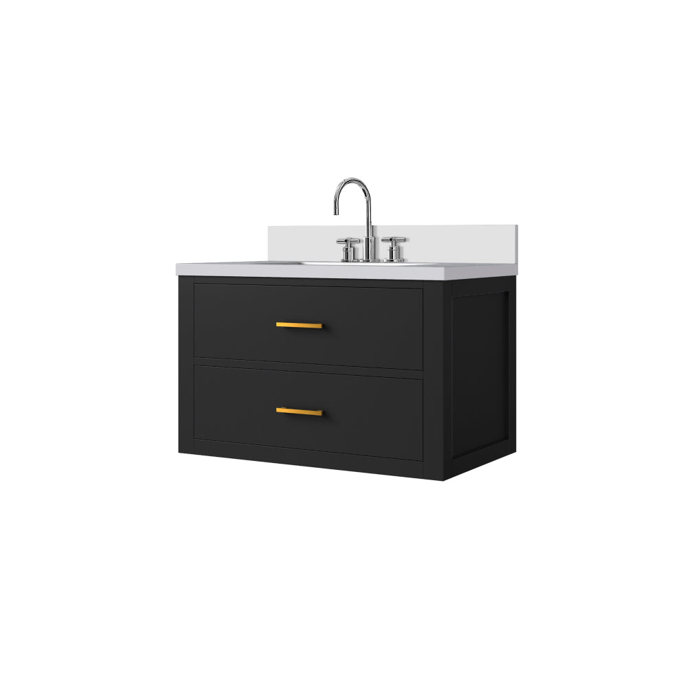 Black Single Bath Vanity 30 in. W x 22 in. D, White Quartz Top, and Faucet Set