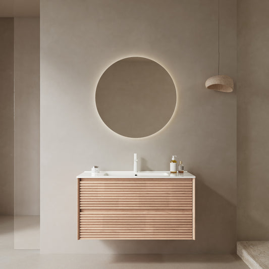 BRON 36" Bathroom Vanity with Sink, Modern Wall-Mounted Floating Plywood Bathroom Cabinet , 2 Drawers, White Ceramic Basin with Sink Hole Cover and Drain, Pre-assembled, Natural Walnut Woodgrain Color