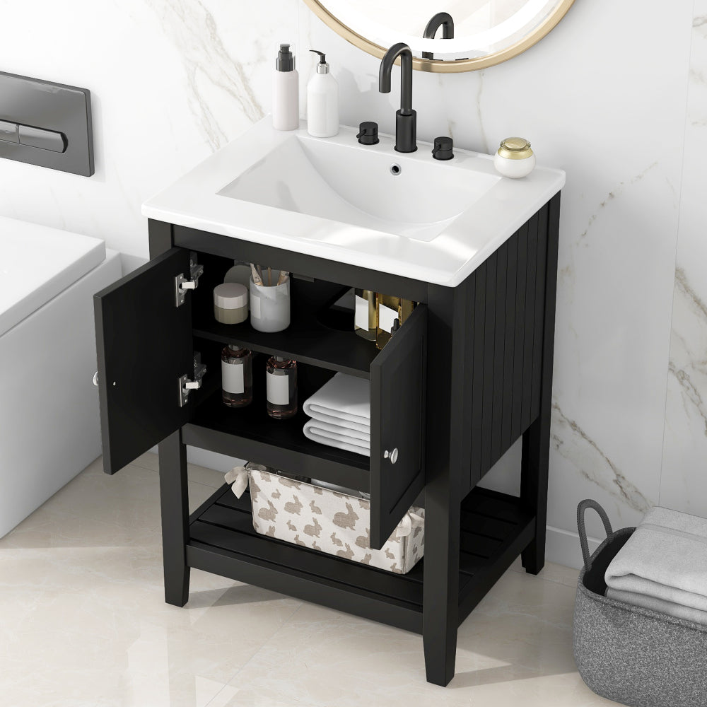 [VIDEO] 24" Brown Modern Sleek Bathroom Vanity Elegant Ceramic Sink with Solid Wood Frame Open Style Shelf (OLD SKU: JL000004AAD)