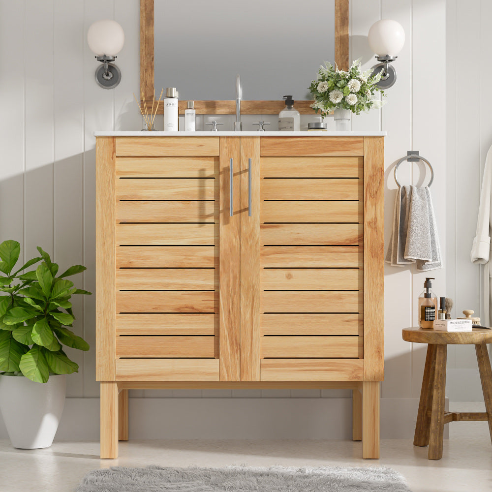 30" Antique Bathroom Vanity with Ceramic Sink, Mid-Century Modern Bathroom Vanity Cabinet with 2 Soft-Close Doors and Large Storage Space, Retro Freestanding Single Bathroom Vanity Set, Natural Brown
