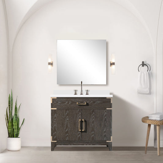 Brown Oak Single Bath Vanity 36 in. W x 22 in. D, White Quartz Top, and Faucet Set