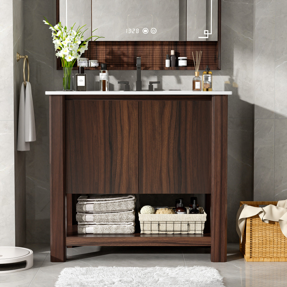 30" Antique Bathroom Vanity with Ceramic Sink, Mid-Century Modern Bathroom Vanity Cabinet with 2 Soft-Close Doors and Large Storage Space, Retro Freestanding Single Bathroom Vanity Set, Natural Brown