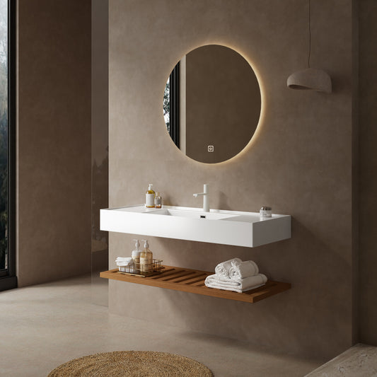 LEDE 48" Bathroom Vanity with Vessel Sink, Wall-Mounted Floating White Rectangular Acrylic Integrated Basin without Faucet, Striped Shelves Layer, Dark Walnut Woodgrain Color