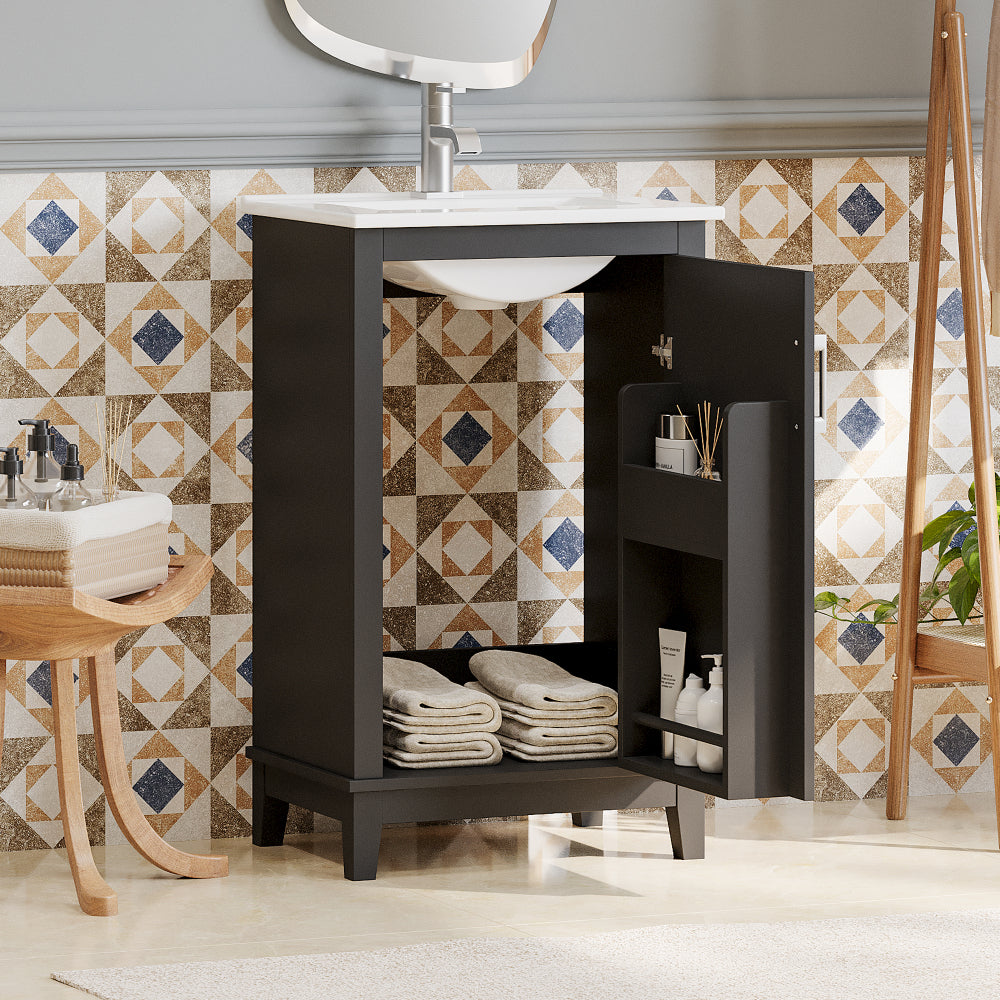 [Viedo] 20 Inch Modern Small Bathroom Vanity Cabinet With Ceramic Basin- 20*14.5*33.3 Inches,Ample Storage,1 Soft Close Door