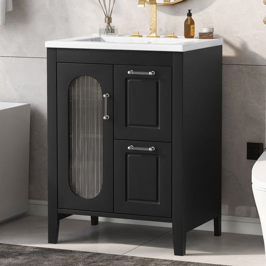24" Bathroom Vanity with Sink, Bathroom Vanity Cabinet with Two Drawers and Door, Adjustable Shelf, Solid Wood and MDF, Black
