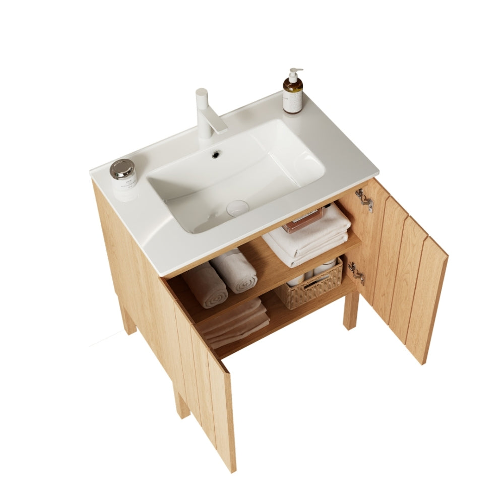 NIKO 30" Bathroom Vanity with Sink, Modern Freestanding Bathroom Storage Cabinet with Double Doors, White Ceramic Basin without Faucet, Natural Wood Woodgrain Color
