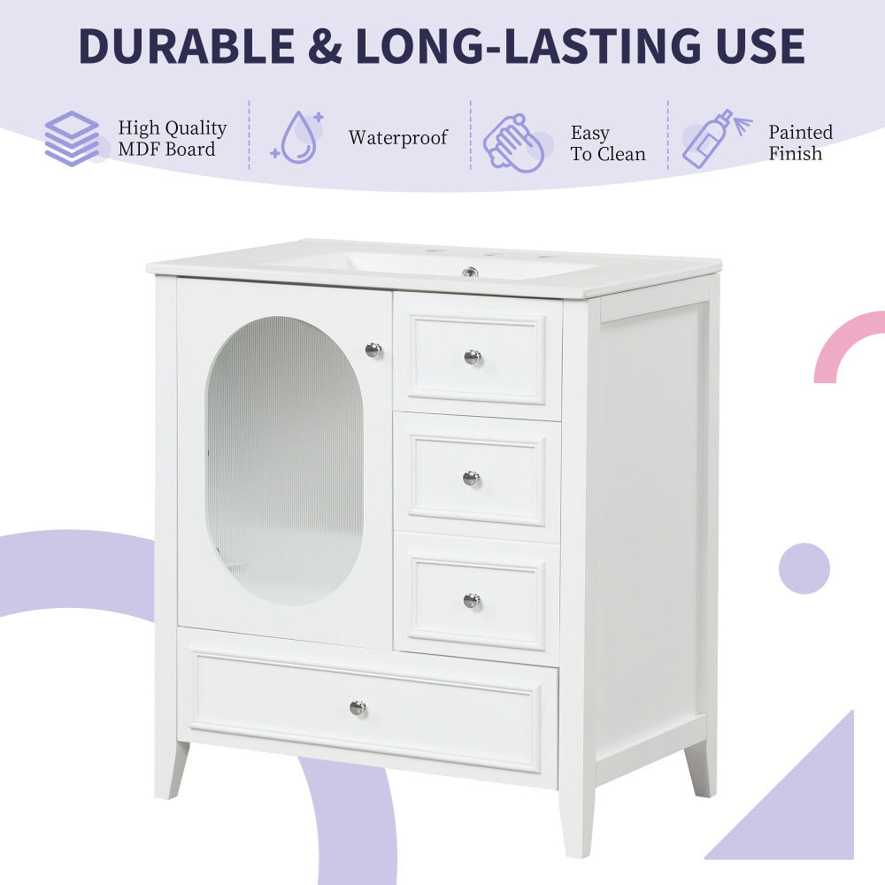 30" Bathroom Vanity with Sink, Bathroom Vanity Cabinet with Three Drawers and Door, Solid Wood and MDF, White